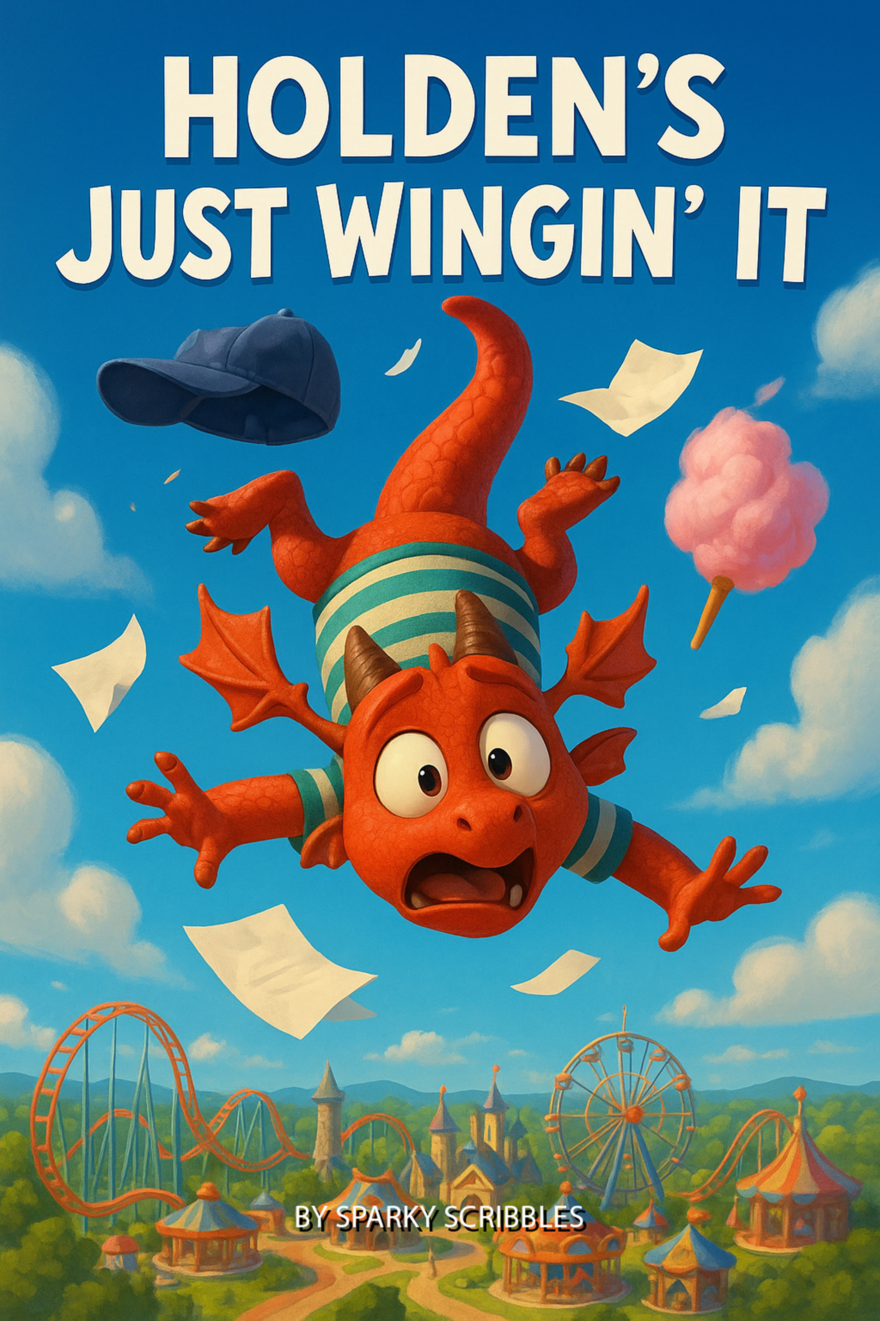 Holden's Just Wingin' It book cover: a funny red dragon chapter book adventure for kids ages 6 to 10 by Sparky Scribbles